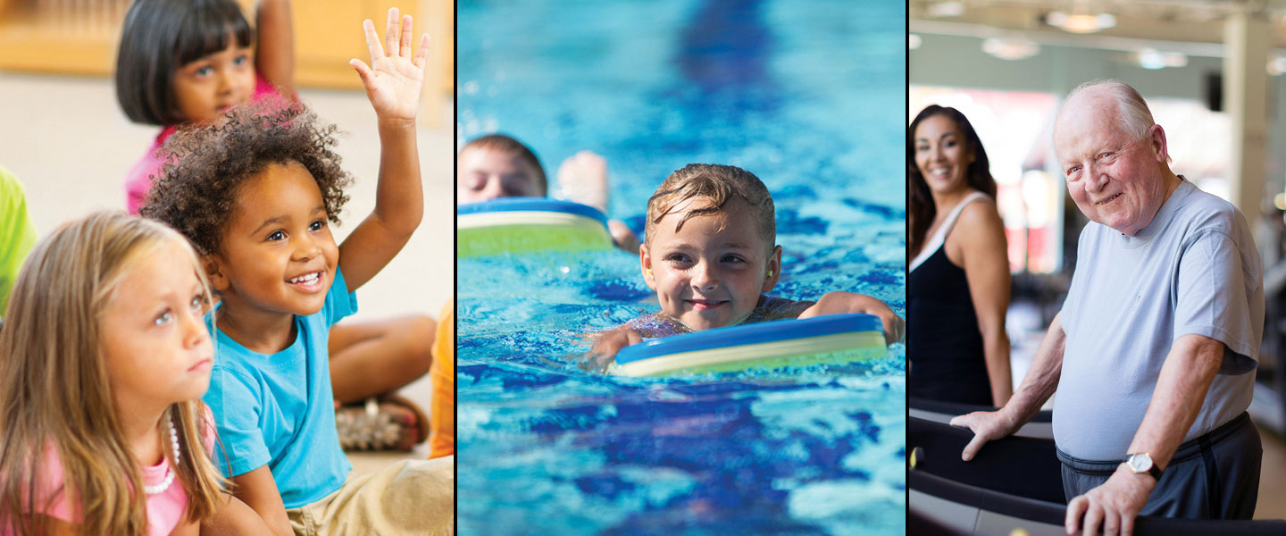 Combo photo in three vertical sections, left to right. Girl raising hand, smiling; girl swimming with kick board, senior age man on treadmill