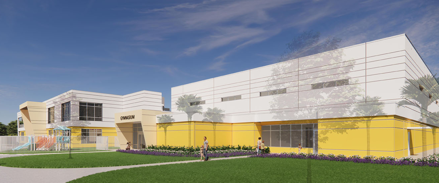 Gymnasium Exterior Rendering at the Spurlino Family YMCA at Big Bend Road.