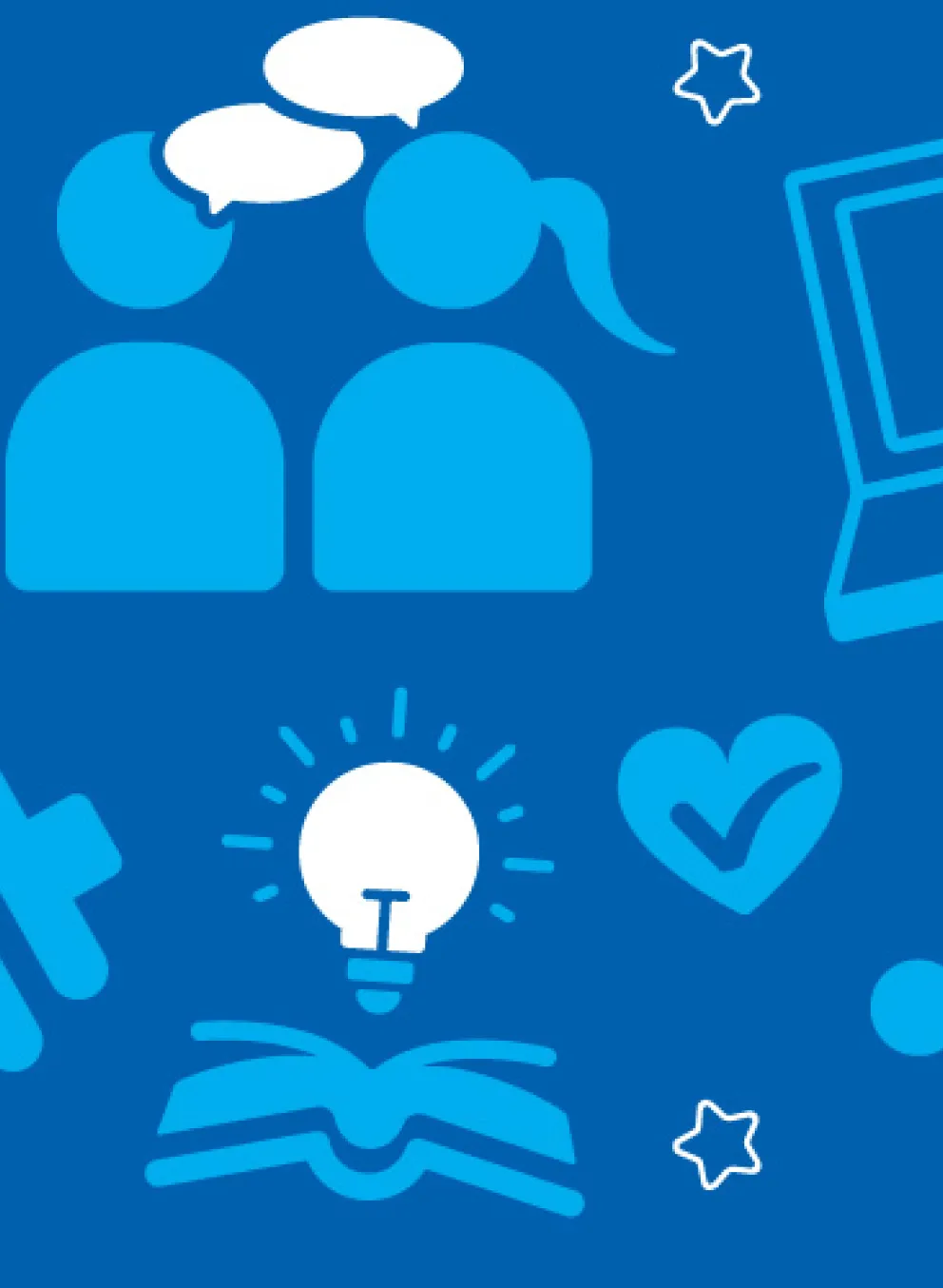 Graphic. Dark blue background with white and light blue icons representing jobs and activities at the Y.