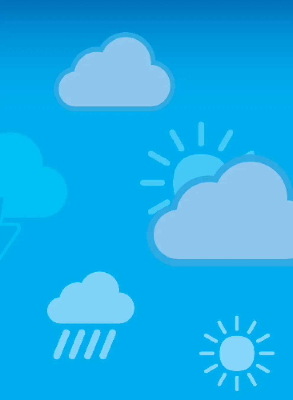 light blue background with lighter blue clouds and weather icons