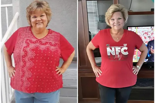 side by side photo showing Y member Cindy wearing red shirt with hands on hips before and after DPP program at the Y