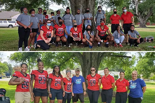 two stacked horizontal photos: top Sulphur Springs Teen achievers with Tampa Bay Inferno and bottom photo Tampa Bay Inferno with Tampa Y Fit and Fun staff members