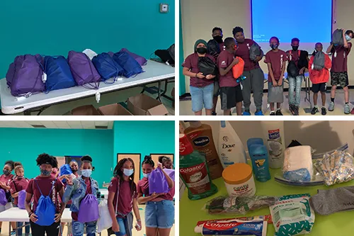 Teen Achievers wearing face coverings, photo of hygiene kits, string bags full of products