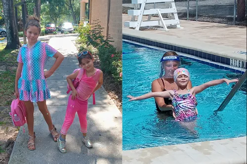 left photo sisters striking a pose outside the North Brandon YMCA, right photo is girl with arms wide in pool with swim instructor