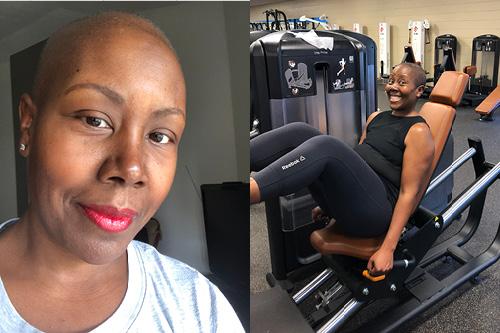 side by side photo of livestrong coach. headshot on left. exercising on leg press machine