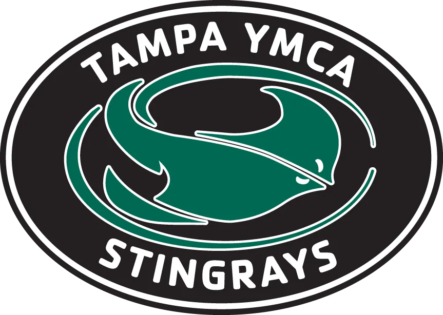 Tampa YMCA Stingrays logo. The logo is a black and oblong, with a green stingray and Tampa YMCA Stingrays in white writing.