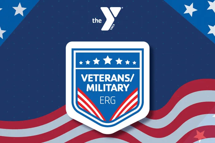 Red white and blue graphic with white Y logo above Veterans/Military ERG logo.