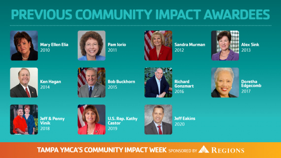 graphic with previous community impact award winners from Tampa YMCA's Community Impact Week sponsored by Regions Bank