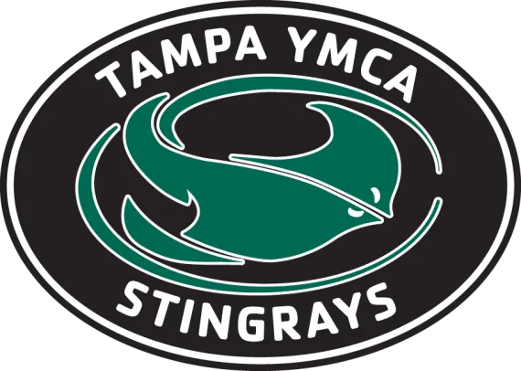 Tampa YMCA Stingrays logo. The logo is a black and oblong, with a green stingray and Tampa YMCA Stingrays in white writing.