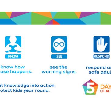 5 Days of Action for child abuse prevention awareness campaign. Colorful border, interior white background with three shades of blue for icons illustrating "know how it happens" "see the warning signs" "respond as a safe adult"