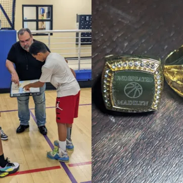 Side by side image. Left: Coach Gene and four basketball players reviewing plays on New Tampa YMCA basketball court. Right: two large, engraved gold rings Coach Gene gives the basketball players.