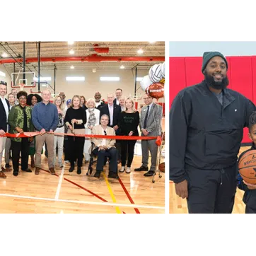 On Left: Spurlino Gymnasium Ribbon Cutting. On right:  Dominique Dennard and his children